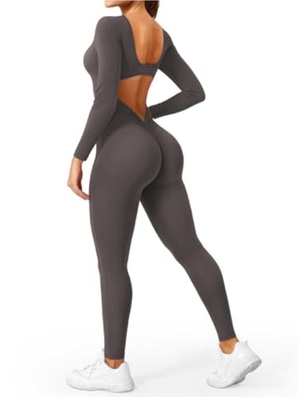 Long Sleeve Workout Jumpsuit V Back Bodysuit Scrunch Leggings One Piece Romper